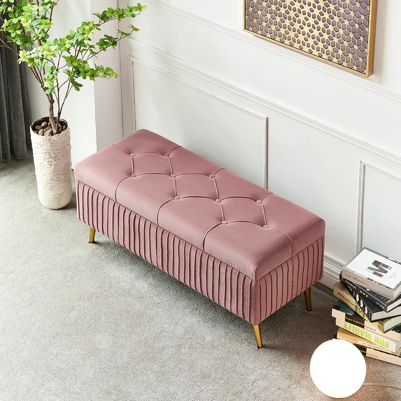 Pink Velvet Flip-Top Storage Bench