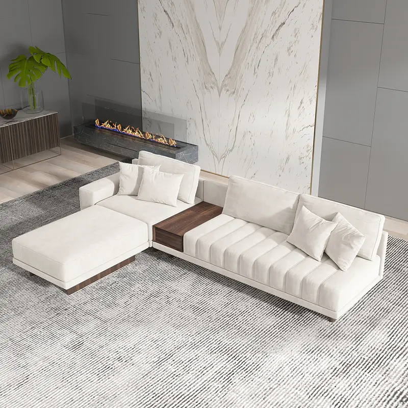 126" L-Shaped White Modular Sectional Sofa with Channel Tufting styled in a room