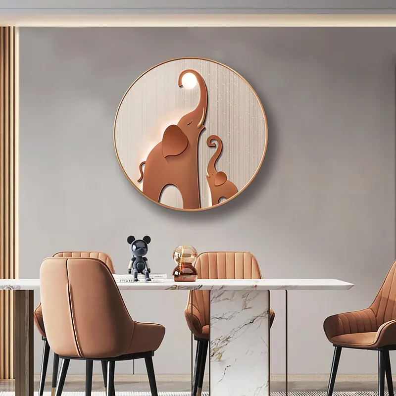 3D Elephant Round Metal Wall Art, Brown styled in a room