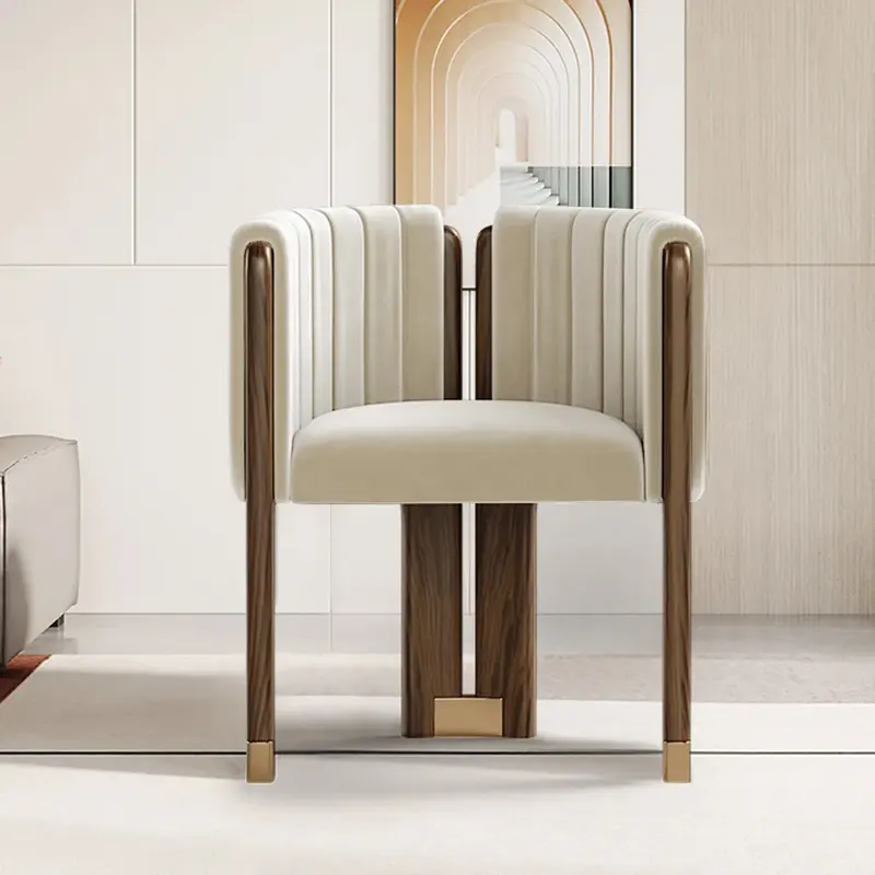 Beige Velvet Channel-Tufted Accent Chair styled in a room