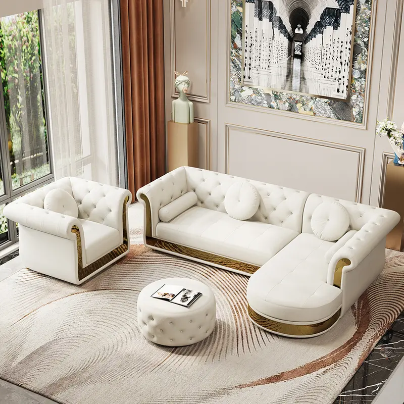 Dodiy Modern L-Shaped White Tufted 6-Seater Sectional with Ottoman