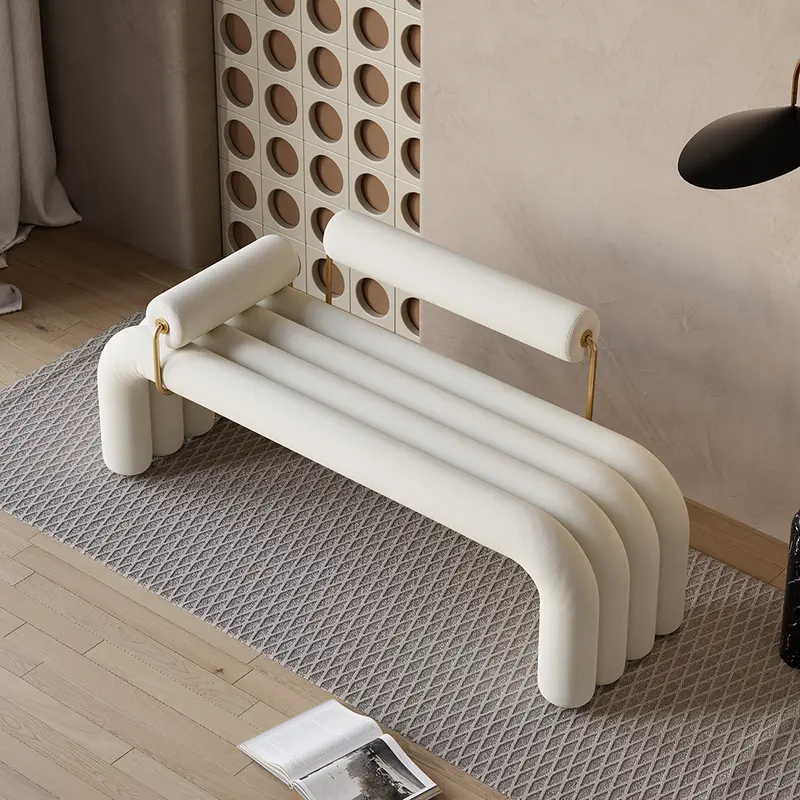 White Line-Tufted Velvet Entryway Bench, Gold Frame styled in a room