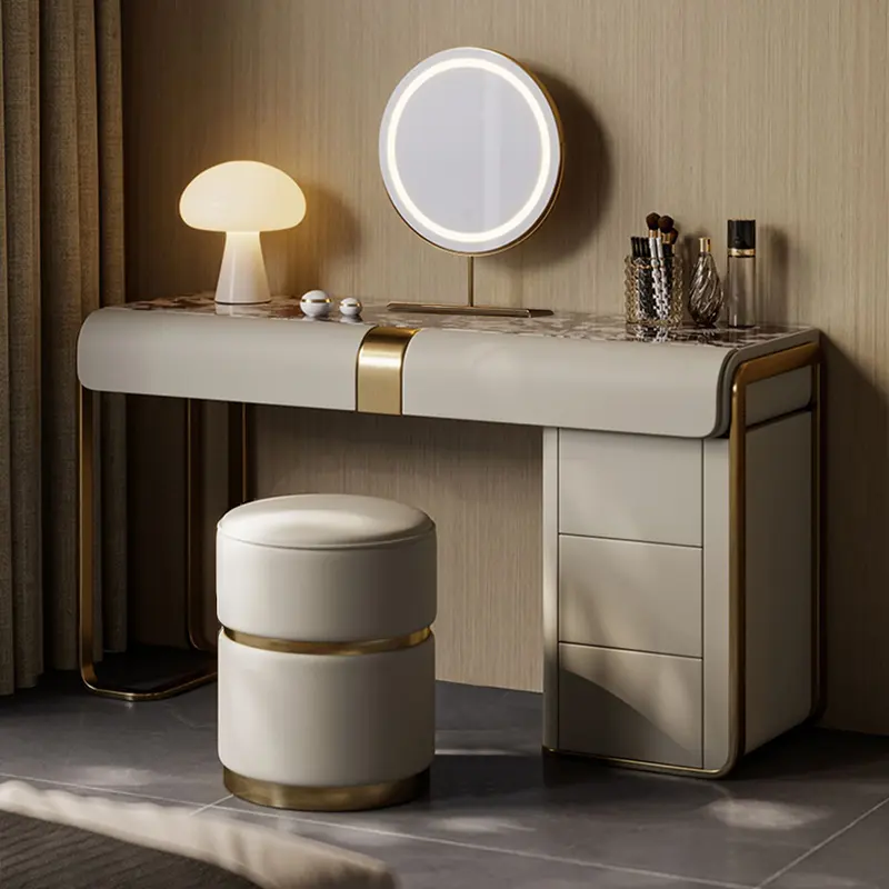 Modern Gray Extendable Makeup Vanity Set with LED Mirror & Stool styled in a room