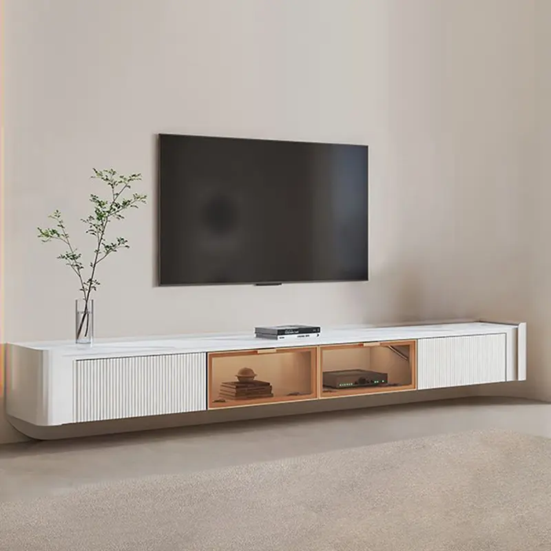 Wall-Mounted Fluted TV Console, Stone Top styled in a room