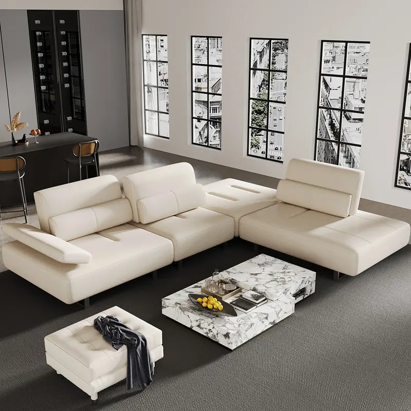 134" White Leather Deep Seat Lounge Sectional with Adjustable Back styled in a room