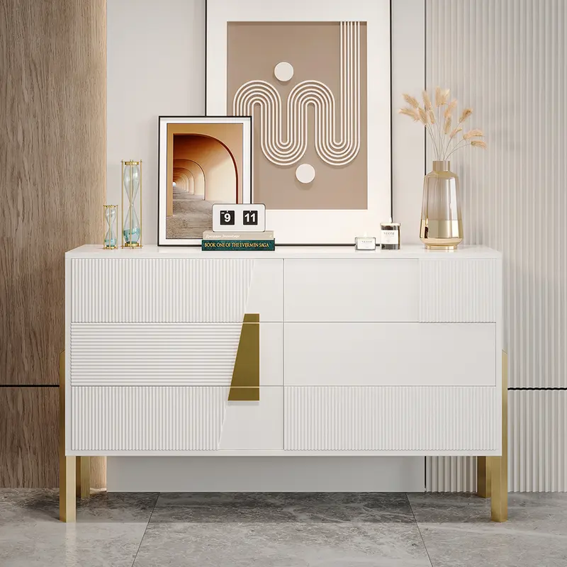 Modern White Fluted 6-Drawer Dresser with Gold Accents (55"W)