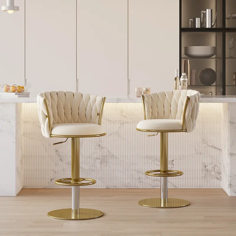 Cream Quilted Swivel Bar Stools, Set of 2 styled in a room