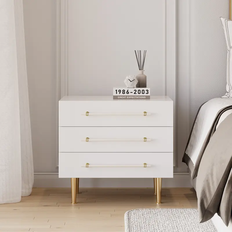 Modern White 3-Drawer Nightstand Bedside Table with Storage styled in a room
