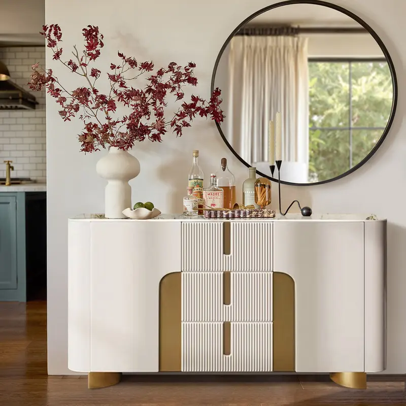 Artus Modern White Sintered Stone Sideboard Credenza (59"W) styled in a room