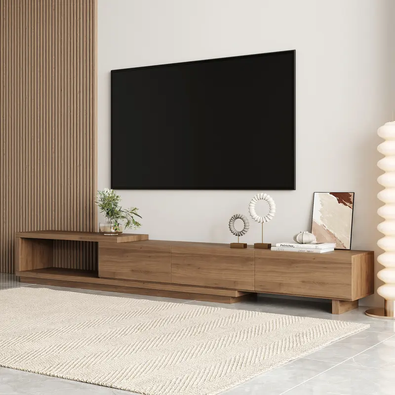 Quoint Modern Walnut Extendable Media Console (Up to 100") styled in a room