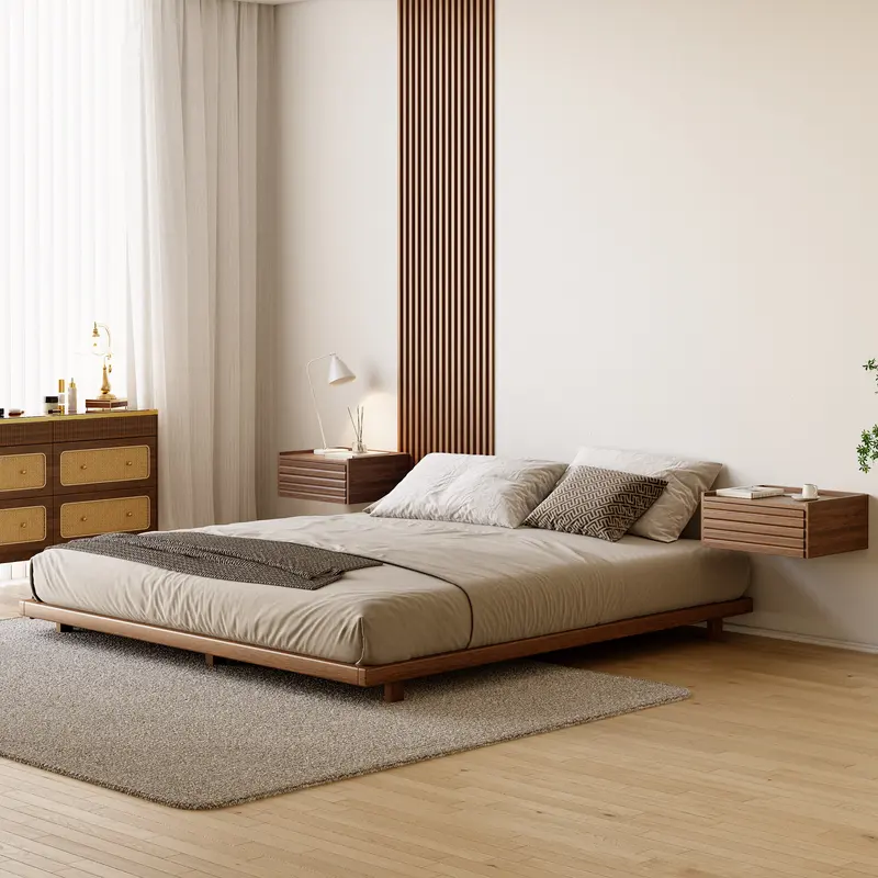 Japanese-Style Low Platform King Bed, Walnut styled in a room