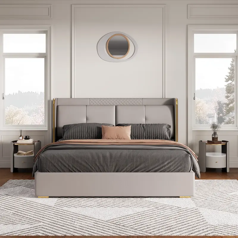 Light Gray Wingback King Bed Frame with 2 Nightstands styled in a room