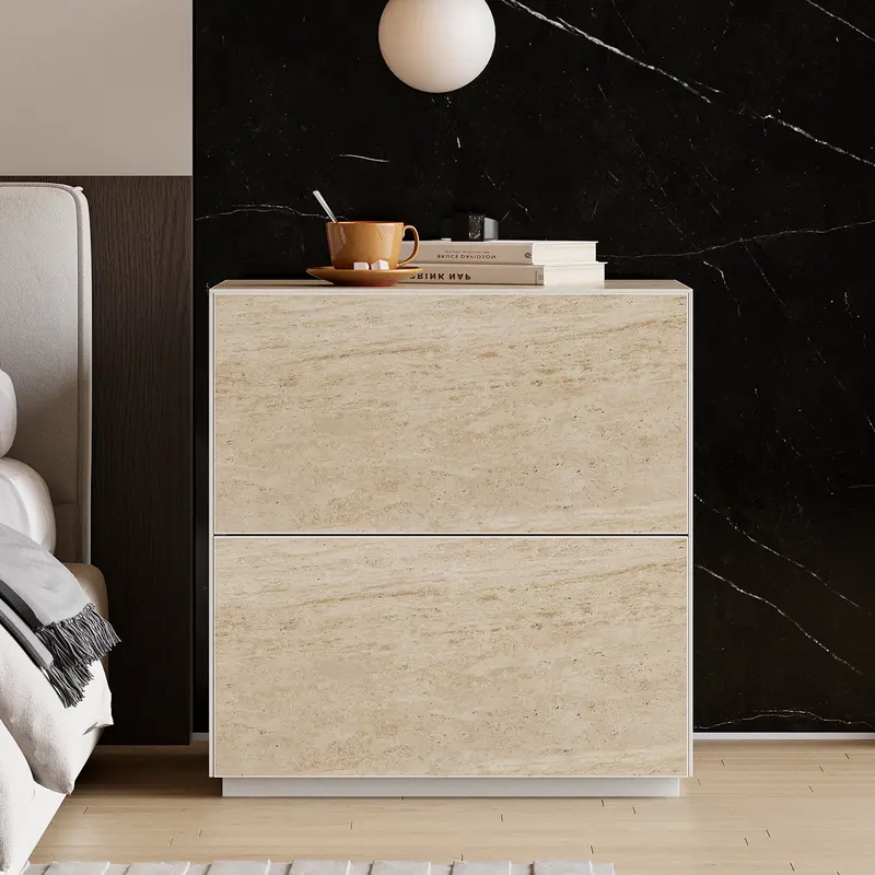 Modern Faux Travertine 2-Drawer Nightstand Bedside Table (24"W) styled in a room