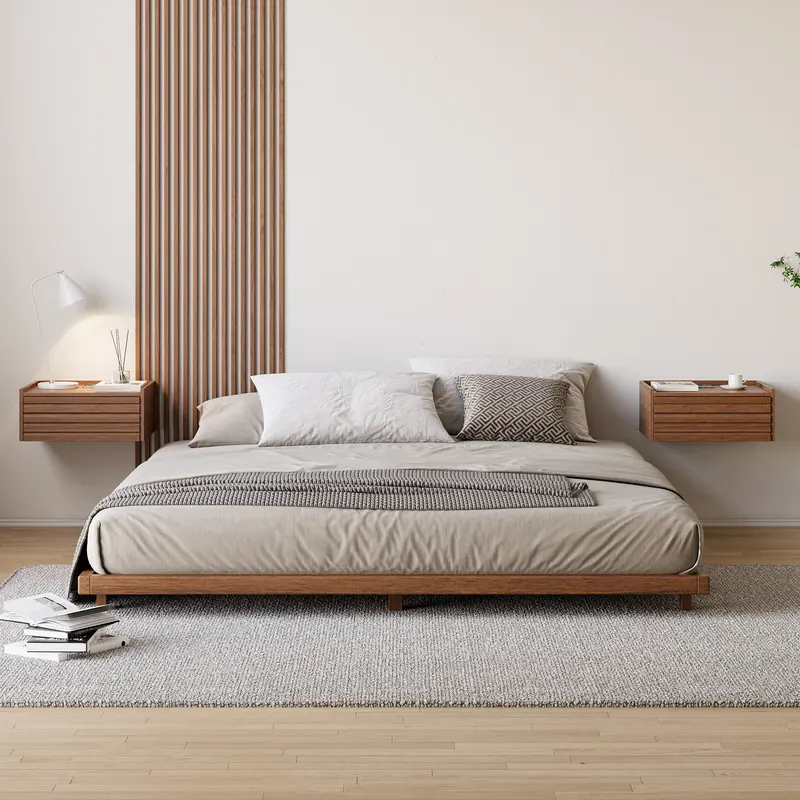 Japanese Style Low Floor Queen Bed with Floating Nightstands