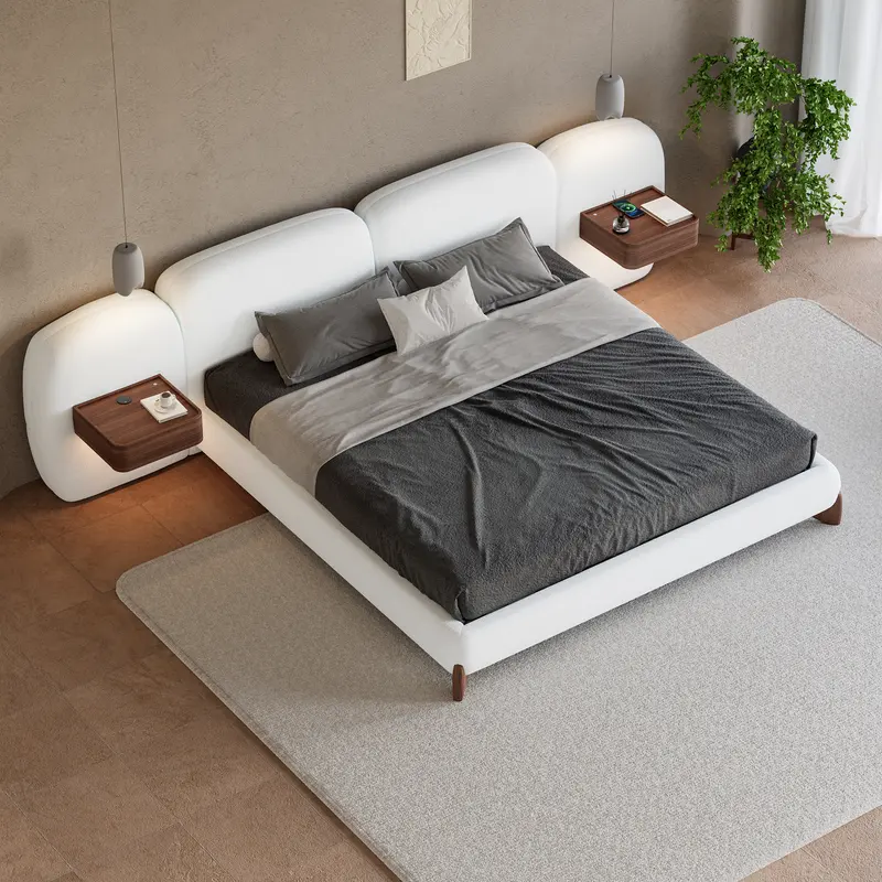 Curva Boucle King Bed Frame with Floating Nightstands styled in a room