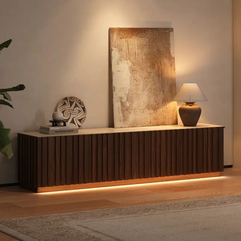Aura Mid-Century Slatted Ash Wood TV Stand with Travertine Top (83") styled in a room