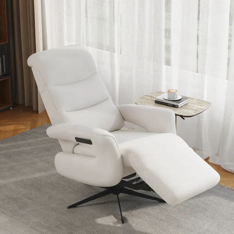 White Chenille Velvet Power Recliner, 360° Swivel styled in a room
