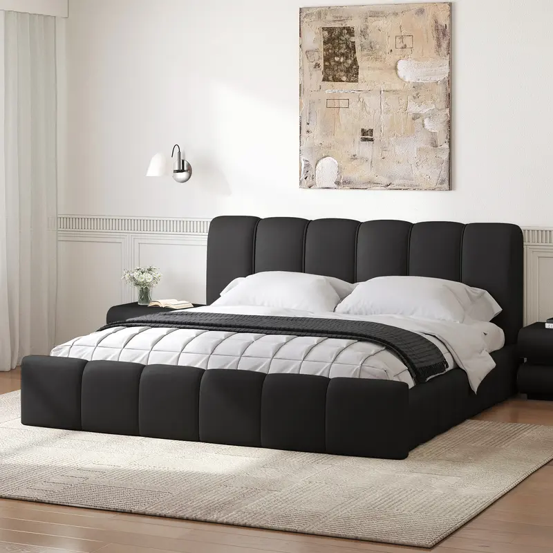 Modern Leather Wingback Queen Bed Frame styled in a room