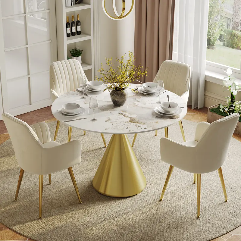Pandora Faux Marble Round Dining Table, Gold Base