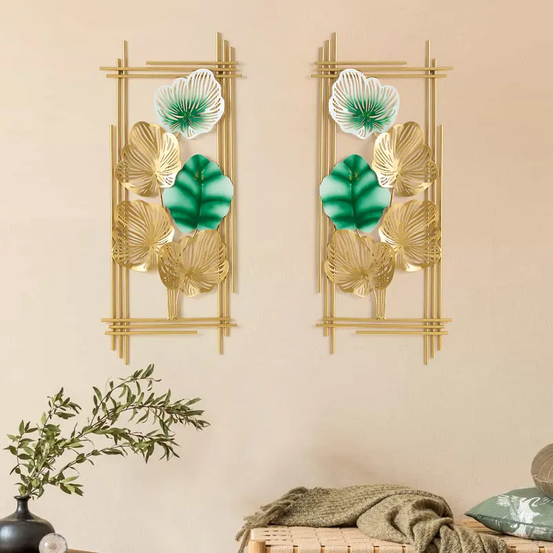 Gold & Green Metal Leaf Framed Wall Decor, Set of 2 styled in a room
