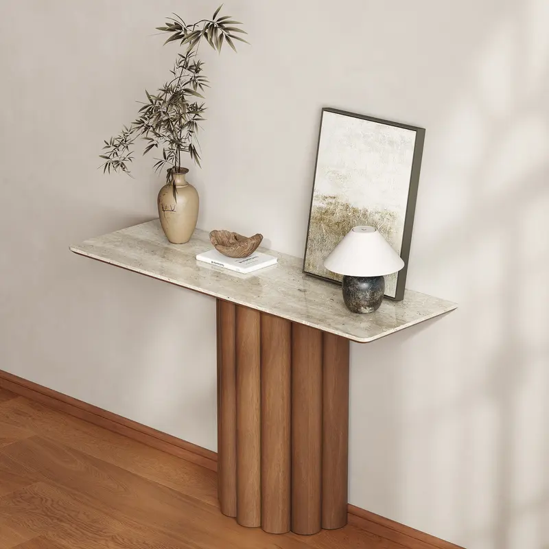 Travertine Top Solid Wood Console Table (47") styled in a room