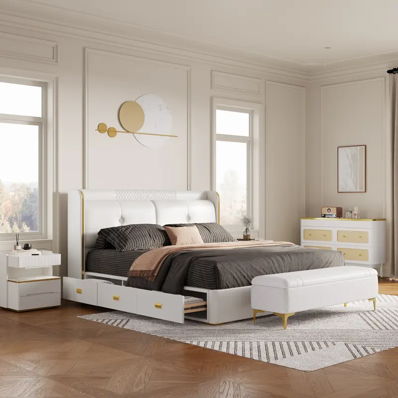 White Wingback King Platform Bed with Hidden Storage styled in a room