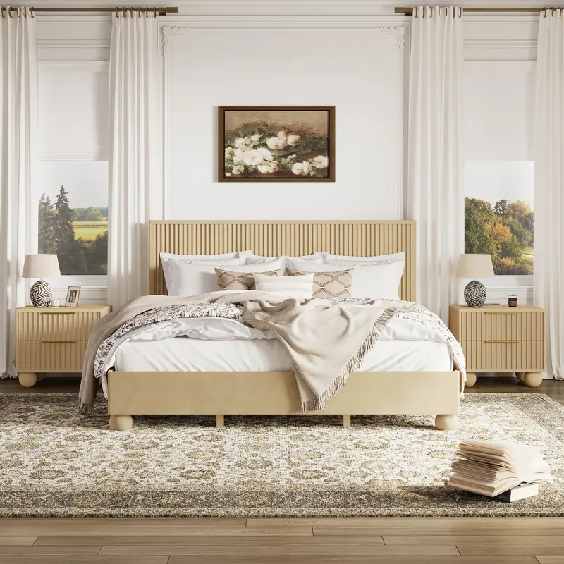 Bolla Fluted Solid Wood Queen Bed Frame styled in a room