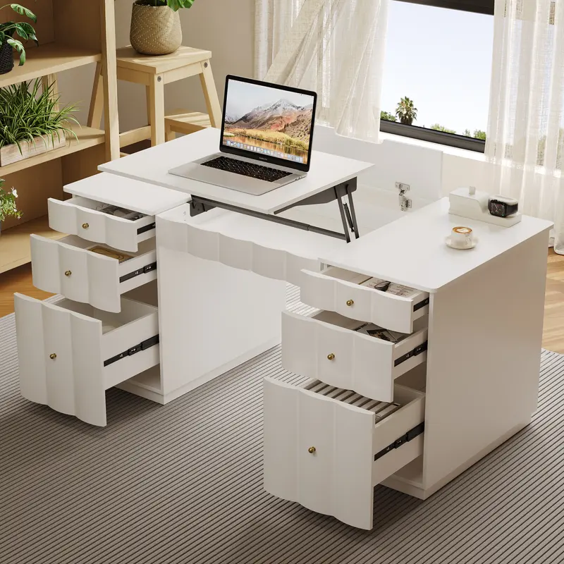 French Style Cream White Computer Desk with 6 Drawers (55") styled in a room