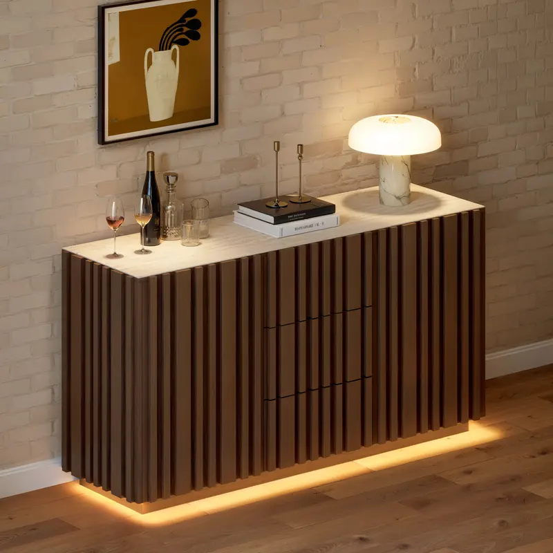 Aura 60" Faux-Travertine Buffet, Ash Slatted Front styled in a room