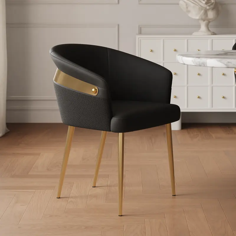 Black Leather Gold-Leg Dining Chairs, Set of 8 styled in a room