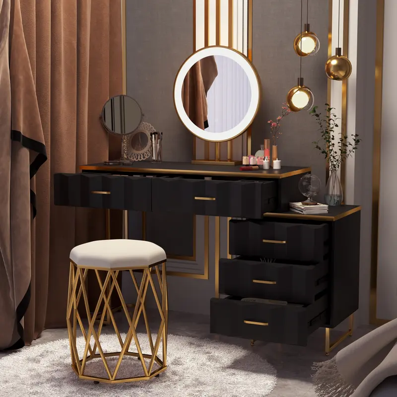 Modern Black Extendable Makeup Vanity Set with Mirror & Stool styled in a room